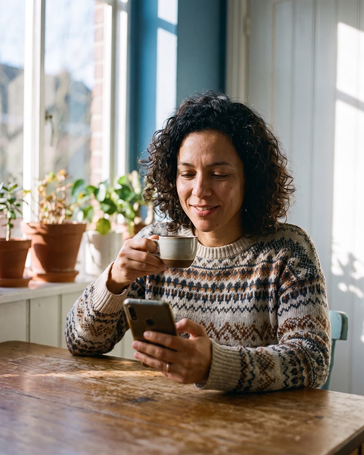 Uma mulher à mesa da cozinha, com uma xícara de café na mão, olhando o celular.