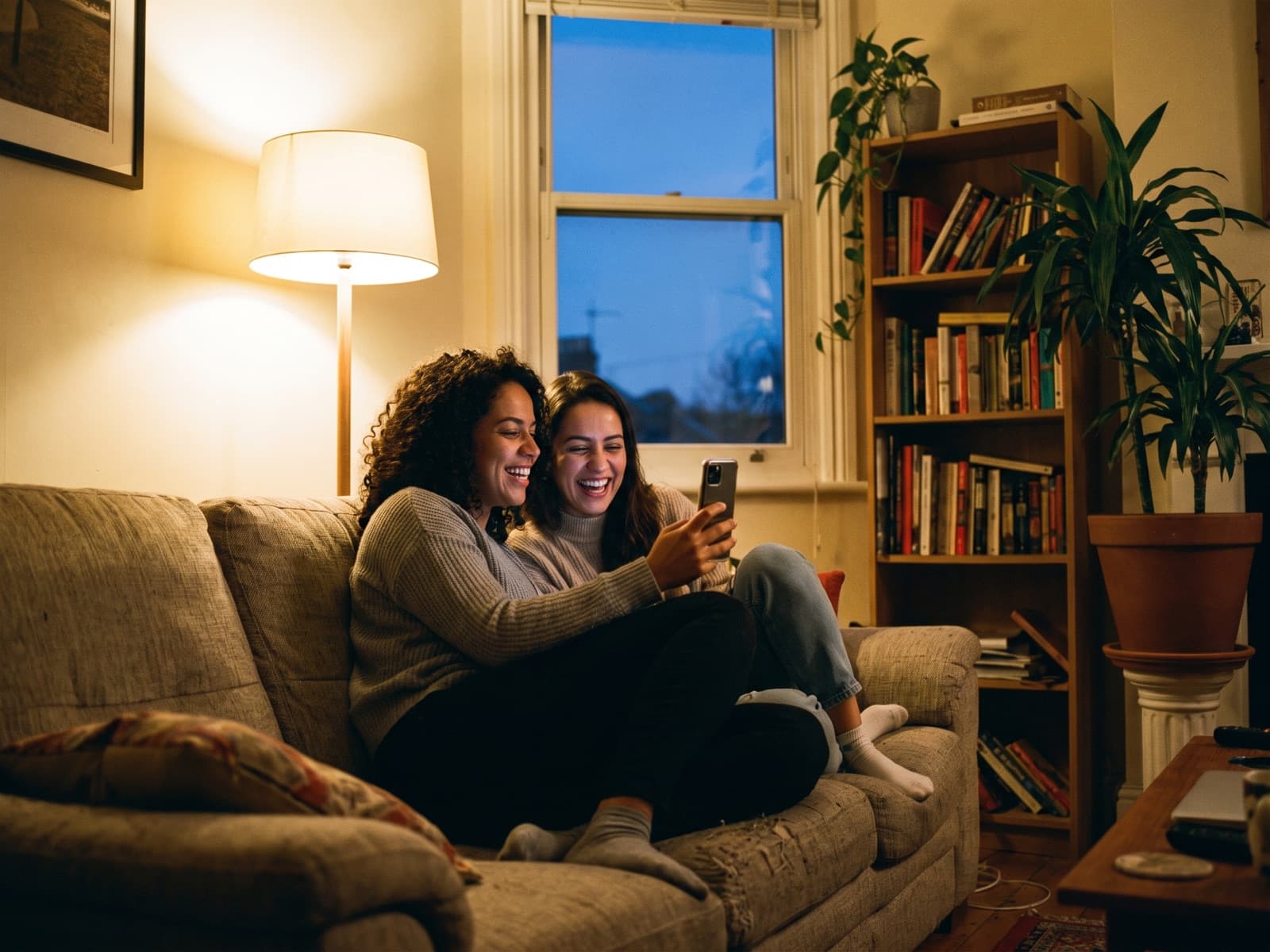 Duas amigas sentadas no sofá, rindo de algo que uma mostra no celular.
